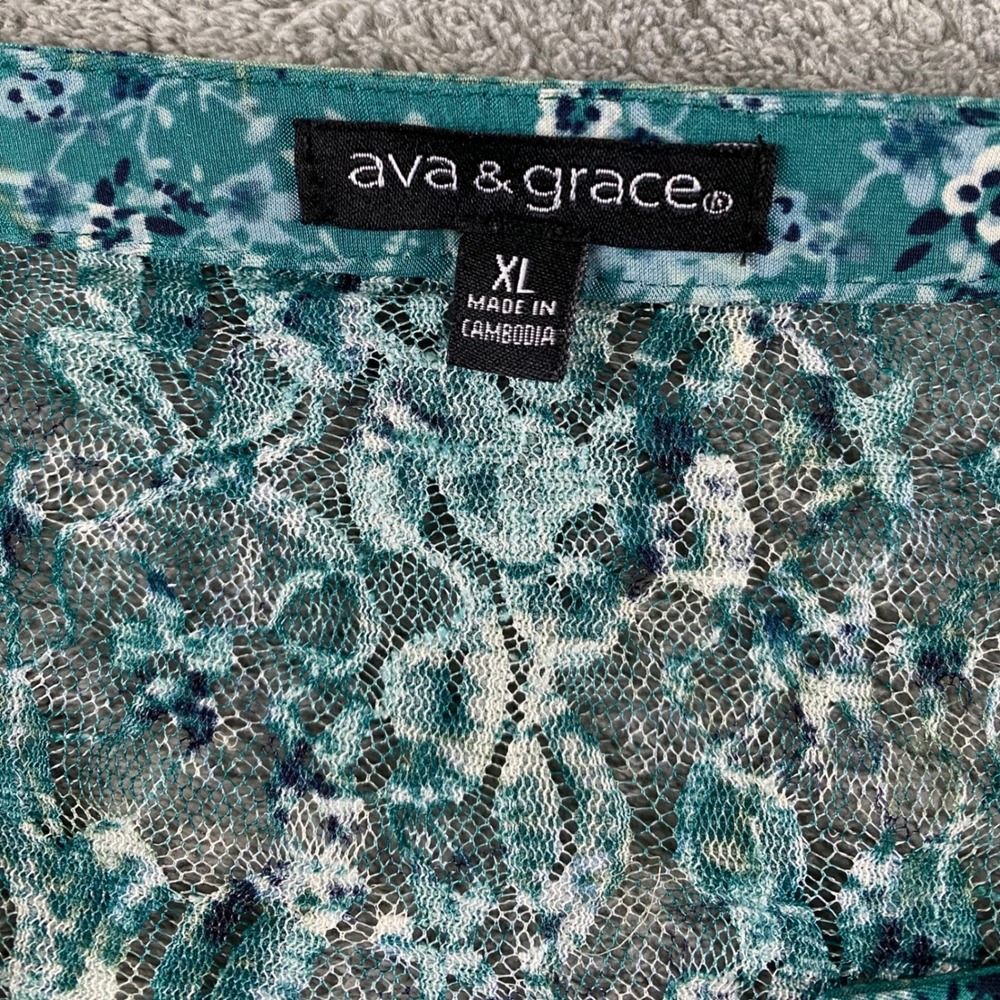 Ava & Grace Womens XL Teal Floral Pintuck Lace Yoke 3/4 Roll Tab Sleeve Blouse - Picture 3 of 14